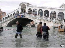 High water at the Rialto bridge, Venice