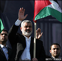 Hamas leader, Ismail Haniyeh,waves to his supporters during a mass   rally on Dec 08, Gaza City